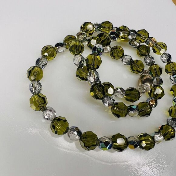 Vintage Art Glass Necklace Crystal Olive Green Clear AB Sterling Silver 4722 - Picture 5 of 13